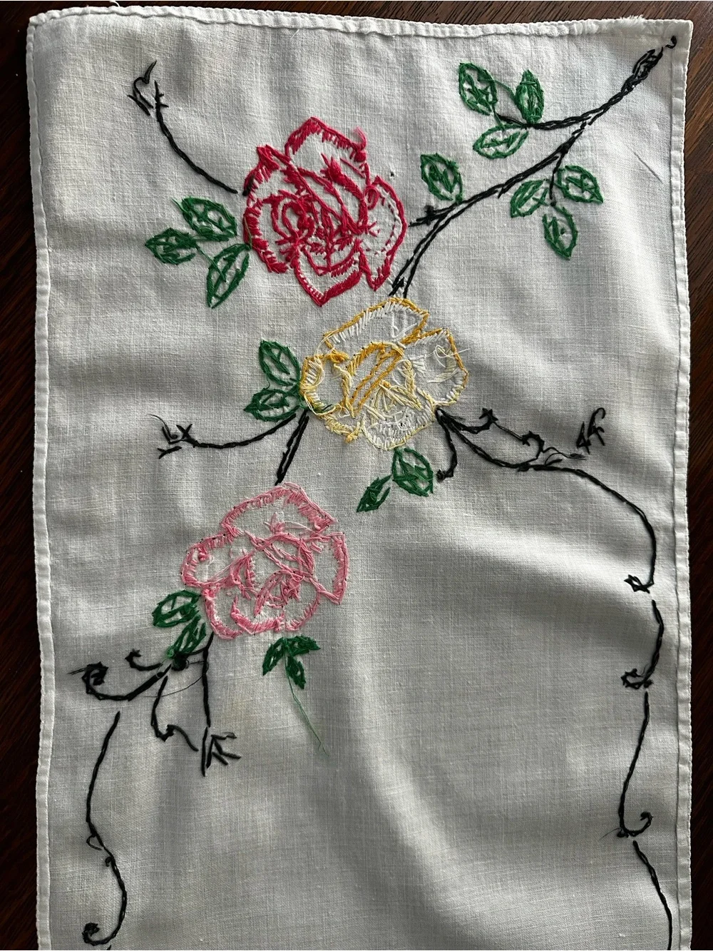 Vintage Hand-Embroidered Floral Runner